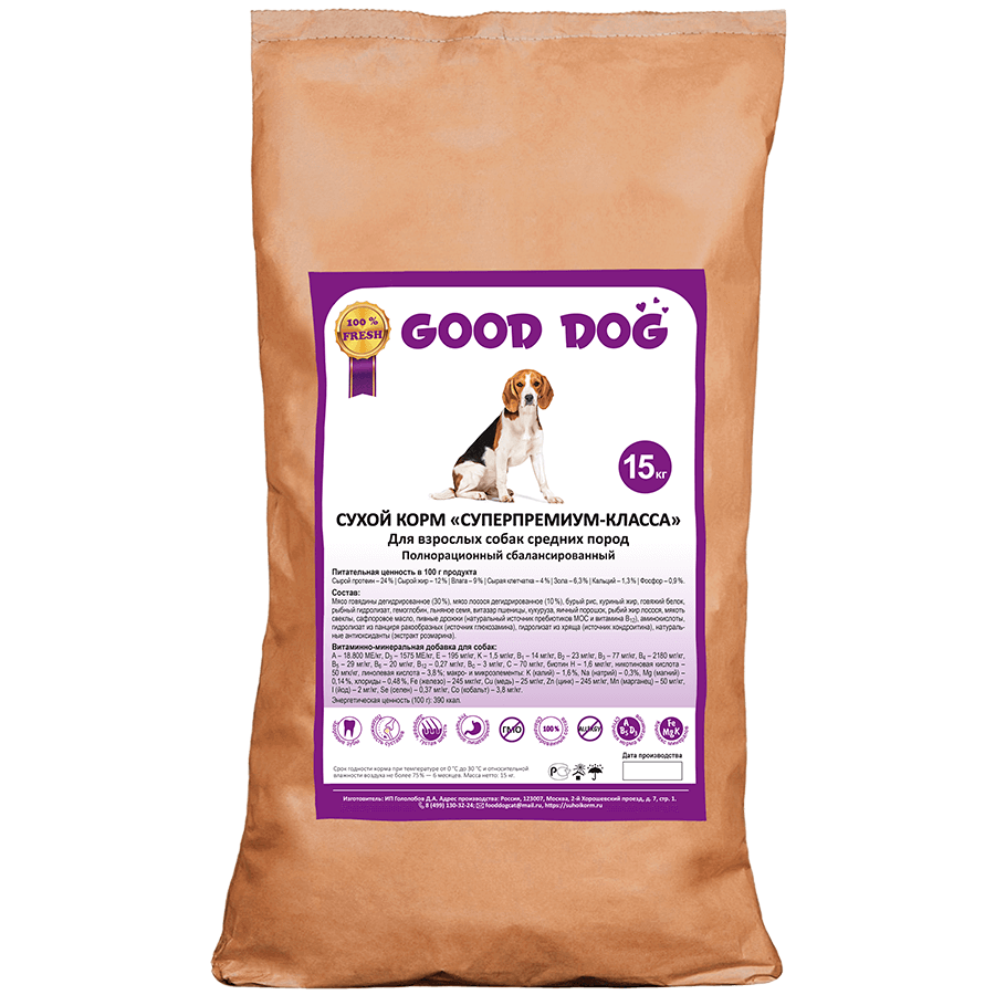 Сухой корм для собак средних пород супер-премиум-класса "GOOD DOG" 15 кг